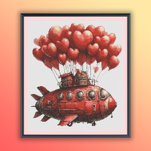 以下が含まれることがあります： 赤いスチームパンク風の飛行船が、小さな家を乗せて、赤いハート型の風船の群れに浮かんでいます。