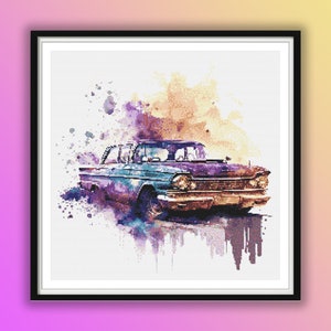 Vintage American Car Watercolor Cross Stitch Pattern: Retro Cadillac, Chevrolet, Ford, Bugatti Embroidery PDF