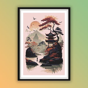 Aquarell Japanischer Sonnenuntergang Landschaft Kreuzstich PDF Muster, Fuji Gebirge Japanische Sakura, Japanisches Minka Haus, Bonsai Baum