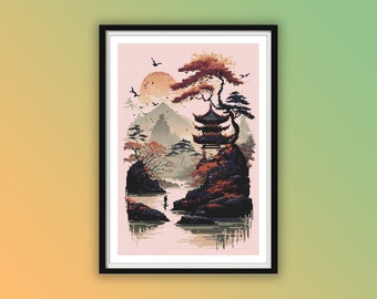 Paysage de coucher de soleil japonais aquarelle compté Cross Stitch PDF Pattern, Fuji Mountains Japanese Sakura, Japanese Minka House, Bonsai Tree