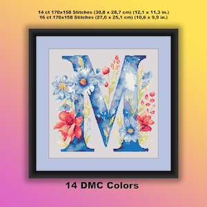 PDF-patroon met getelde kruissteek, letter M aquarel bloemen, lentebloemen, bloemenalfabet, handborduurwerk, moderne kruissteektabel