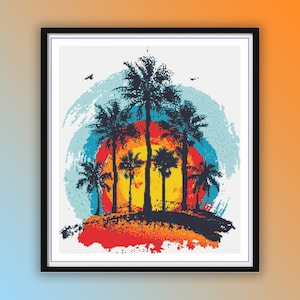 Tropical Sunset Cross Stitch Pattern: Retro Beach Palm Trees (PDF Pattern)