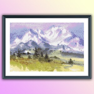 Hand Drawn Watercolor Mountains Landscape Counted Cross Stitch PDF Pattern, Pine Trees Cross Stitch Pattern, Instant Download