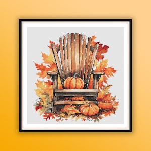 Retro Autumn Chair Watercolor Cross Stitch Pattern: Pumpkin & Leaves Hand Embroidery PDF