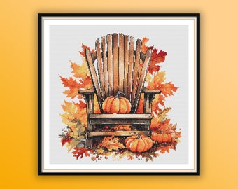 Watercolor Retro Wooden Fall Chair Counted Cross Stitch PDF Pattern, Pumpkin and Fall Leaves, Autumn Hand Embroidery, Modern Cross Stitch