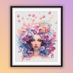 Whimsical Watercolor Princess Cross Stitch Pattern: Fairytale Cotton Candy Chart for Modern Embroidery