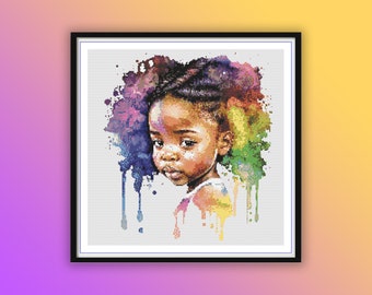 Watercolor Cute Rainbow African Girl Counted Cross Stitch PDF Pattern, African Woman Cross Stitch, Modern Folk Art Hand Embroidery