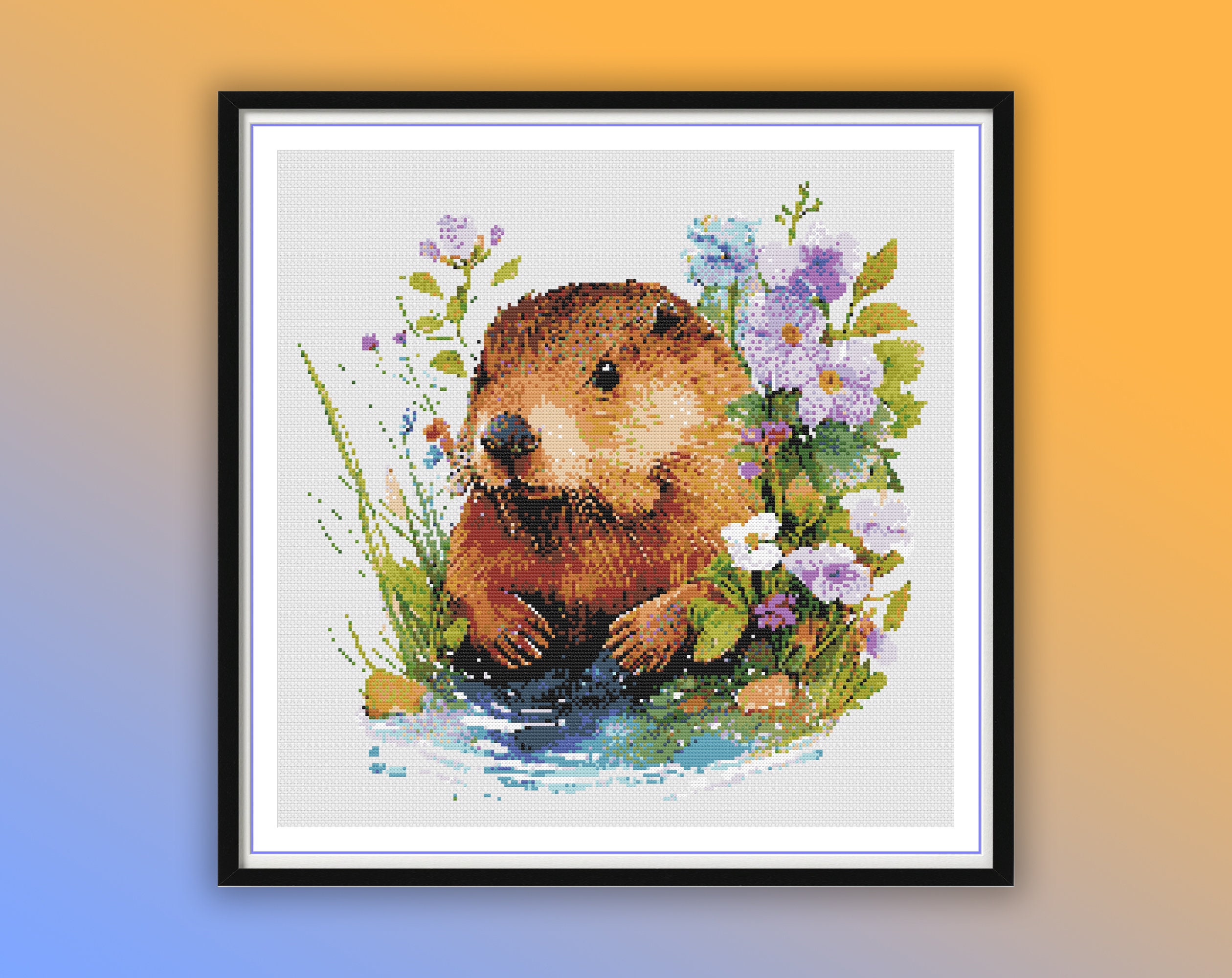 Adorable Beaver Watercolor Cross Stitch Pattern: River Scene PDF for Valentine's Day Embroidery