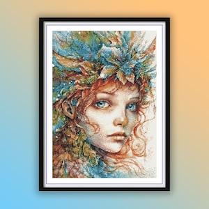 May include: A painting of a woman with red hair and blue eyes. She is wearing a crown of blue and green leaves. The background is a soft white.