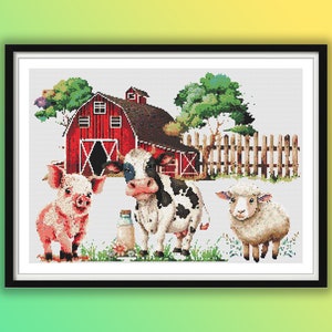 Rustic Watercolor Farm Animals Cross Stitch Pattern: Highland Cow, Pig, Lamb & Red Barn Embroidery PDF