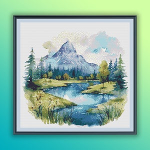 Aquarell Berge Fluss PDF Kreuzstichmuster, Berge Landschaft, moderne Kreuzstichvorlage, Handstickerei