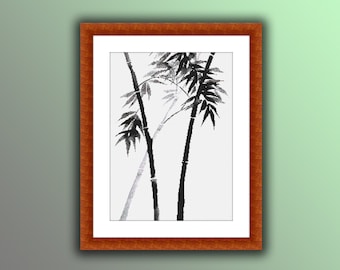 May include: A framed black and white ink painting of bamboo stalks with leaves against a white background.