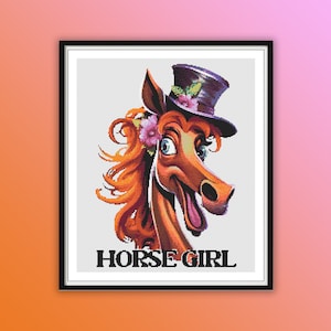 May include: A cartoon horse wearing a purple top hat with flowers and a pink flower in its mane. The horse is smiling and the text "HORSE GIRL" is below the horse.