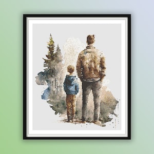 Aquarel vader en zoon geteld kruissteek pdf-patroon, boslandschap, handborduurwerk Vaderdag