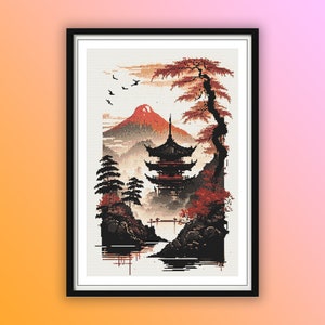 Watercolor Japanese Sunset Landscape Counted Cross Stitch PDF Pattern, Fuji Mountains Japanese Sakura, Japanese Minka House, Bonsai Tree