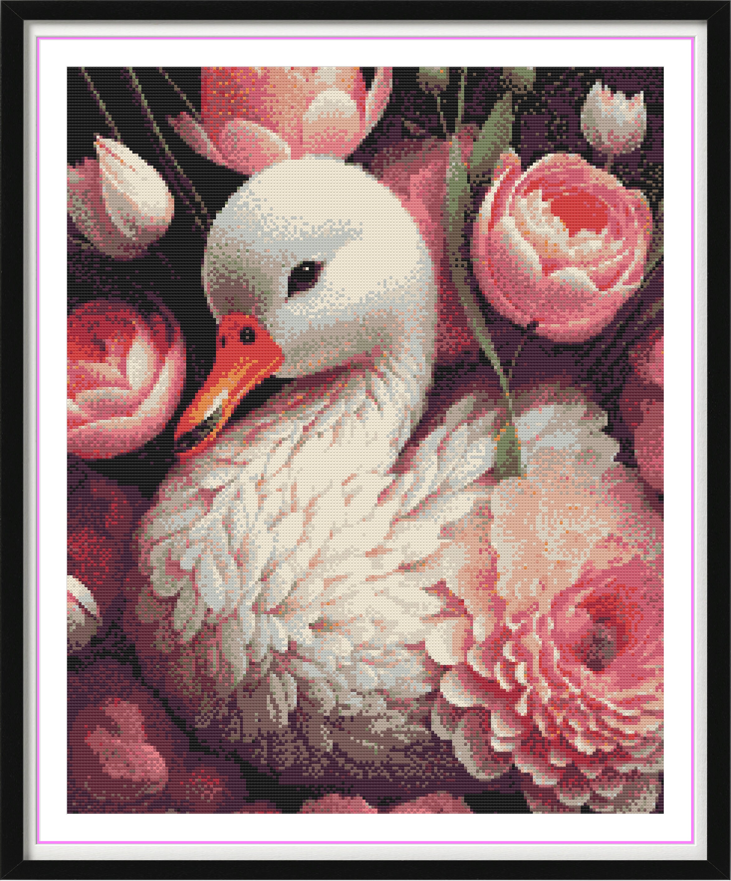 愛らしいアヒルの子と牡丹のモダンな花柄クロスステッチパターン - PDF