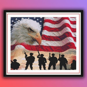 American Eagle Flag and Soldiers Counted Cross Stitch PDF Pattern, Patriotic Cross Stitch, Independence Day 4 July Hand Embroidery