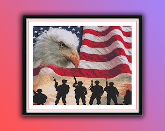 Patriotic American Eagle Flag with Soldiers Cross Stitch Pattern - 4th of July PDF Embroidery Design