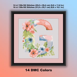 Patrón de punto de cruz en PDF, letra G floral en acuarela, flores de primavera, alfabeto floral, bordado a mano, gráfico de punto de cruz moderno