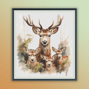 Patrón de punto de cruz contado en PDF de familia de ciervos del bosque en acuarela, renos, animales del bosque, bordado a mano, gráfico de punto de cruz moderno