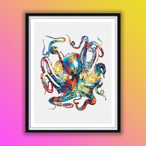 Vibrant Watercolor Octopus Counted Cross Stitch Pattern: Ocean-Inspired Hand Embroidery PDF Download