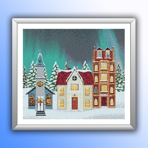 Christmas Village PDF Counted Cross Stitch Pattern, Christmas House Cross Stitch, Christmas Landscape, Christmas Embroidery