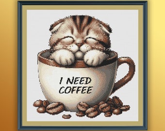 Patrón de punto de cruz contado de gato en acuarela en una taza de café - Bordado de gatito divertido (descarga en PDF)