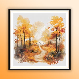 Aquarel herfst bospad getelde kruissteek pdf-patroon, herfstboslandschap, herfstbladeren, handborduurwerk