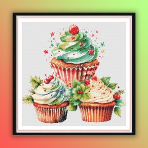Festliches Aquarell Weihnachts Cupcake Kreuzstichmuster - PDF Dessert Stickdatei für festliche Leckereien