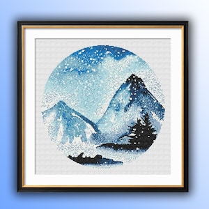 Aquarel blauwe bergen landschap pdf getelde kruissteekpatroon, winter digitale kruissteekkaart, winter bos-pdf, vier seizoenen