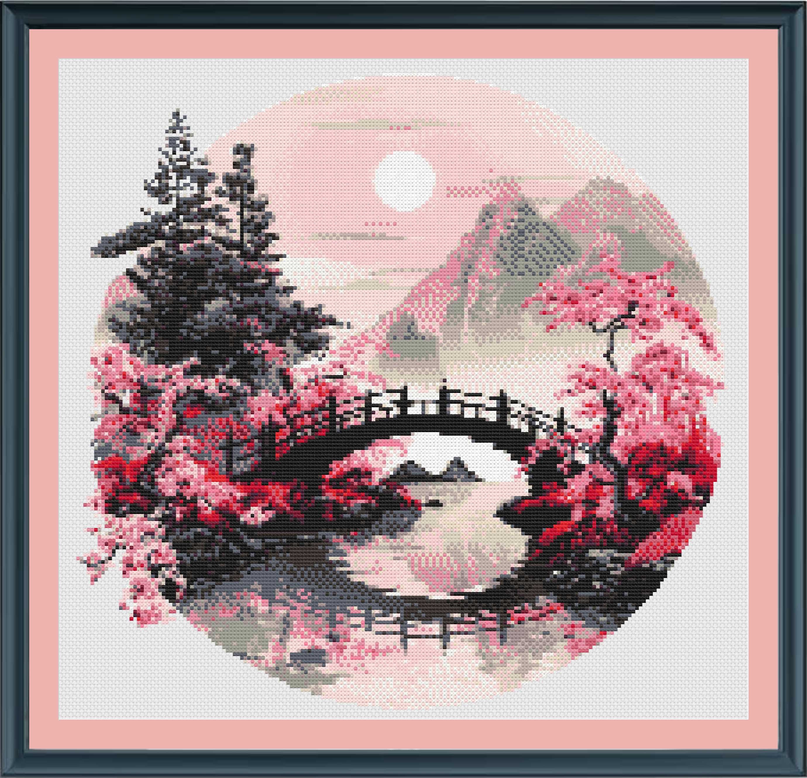 Serene Japanese Watercolor Landscape Cross Stitch Pattern