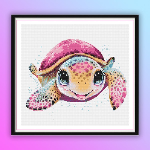 Watercolor Baby Girl Sea Turtle Counted Cross Stitch PDF Pattern, Nursery Animals, Underwater Life, Sea Treasures, Baby Caretta Caretta