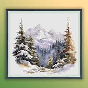 Aquarell Wald und Berge Kreuzstich PDF Muster, Schneebedeckte Berge, Winterlandschaft, Handstickerei