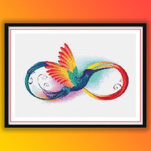 Watercolor Infinity Symbol with Hummingbird Counted Cross Stitch PDF Pattern, Instant Download Cross Stitch, Hand Embroidery, Needlepoint