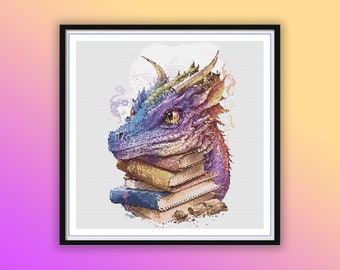 Magical Dragon Reading Books Watercolor Cross Stitch Pattern - PDF Embroidery Design for Fantasy Lovers