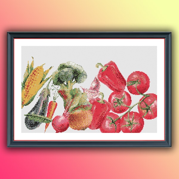 Fresh Salad Vegetables Counted Cross Stitch PDF Pattern, Tomato, Capia Pepper, Eggplant, Onion, Garlic, Corn, Broccoli, Radish, Pea, Carrot