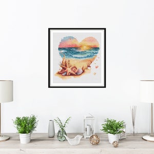 Watercolor Romantic Sunset on The Beach Counted Cross Stitch PDF Pattern, Sea Treasures, Sunset and Palm Trees, Hand Embroidery image 8