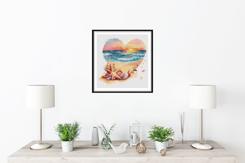 Watercolor Romantic Sunset on The Beach Counted Cross Stitch PDF Pattern, Sea Treasures, Sunset and Palm Trees, Hand Embroidery image 8