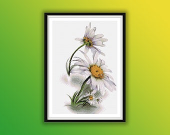 Watercolor White Daisy Counted Cross Stitch PDF Pattern, Spring Flowers, Gerbera Flower, Floral PDF Pattern, Hand Embroidery