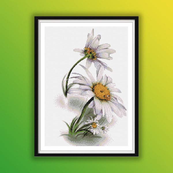 Watercolor White Daisy Counted Cross Stitch PDF Pattern, Spring Flowers, Gerbera Flower, Floral PDF Pattern, Hand Embroidery