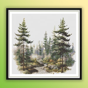 Misty Pine Forest Landscape Cross Stitch Pattern: Watercolor-Inspired Seasonal Embroidery PDF