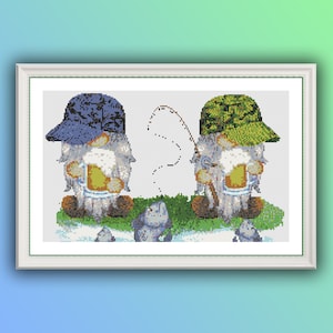 May include: Cross-stitch art featuring two gnomes fishing. One gnome wears a blue camouflage cap, the other a green camouflage cap. Both gnomes hold mugs of beer. The scene includes green grass, rocks, and a fishing line.