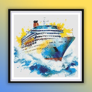 Aquarell-Kreuzstich-PDF-Muster, Segeln am welligen Meer, Marinekreuzstich, Seehintergrund, modernes Kreuzstichmuster