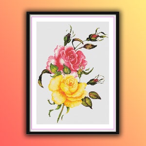 Watercolor Rose Bouquet Counted Cross Stitch Pattern - Pink & Yellow Floral PDF Chart