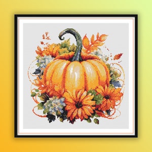 Patrón de punto de cruz contado en PDF de calabaza floral con acuarela, flores de otoño, hojas de otoño, flores de calabaza del Día de Acción de Gracias, bordado a mano