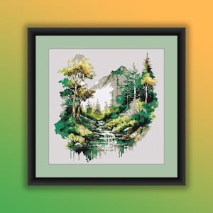 Modernes Kreuzstichmuster, modernes Kreuzstichmuster, Fluss und Berge Landschaft, modernes Kreuzstichmuster, Handstickerei