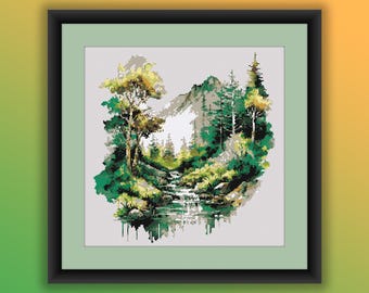 Serene Watercolor Mountain River Landscape Cross Stitch Pattern - PDF Digital Download