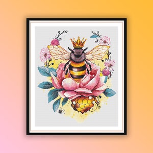Watercolor Queen Bee and Flowers Counted PDF Cross Stitch Pattern, Bumble Bee, Spring Flowers and Honey Bee, Hand Embroidery