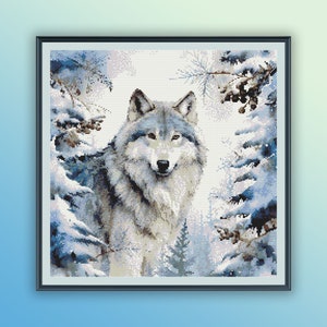 Aquarell Winter Woodland Wolf PDF Stickmuster, Waldlandschaft, Wildtiere, moderne Kreuzstichvorlage, Handstickerei