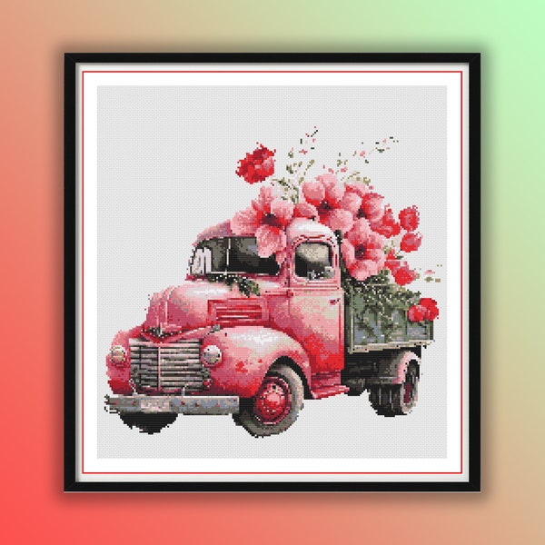 Vintage Floral Truck Counted Cross Stitch PDF Pattern, Valentine's Day Truck, Farmhouse Wedding Truck, Spring Flowers Hand Embroidery